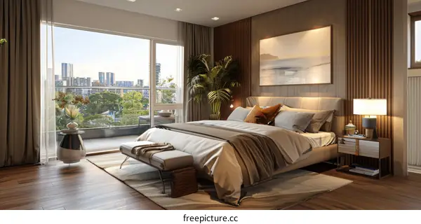 Modern Bedroom with City View Illustration