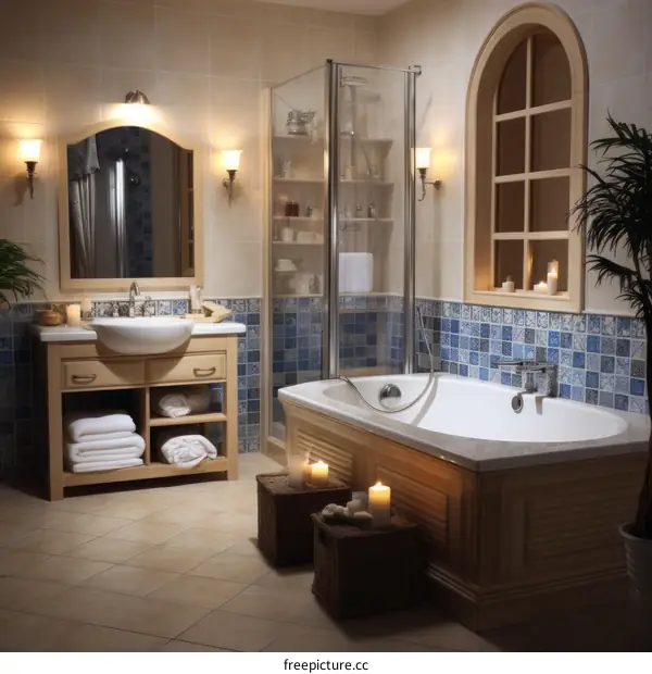Luxurious Bathroom Interior with Bathtub, Candles, and Plants