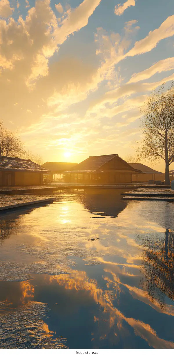 Sunset Over Traditional Japanese Houses Reflected in Water