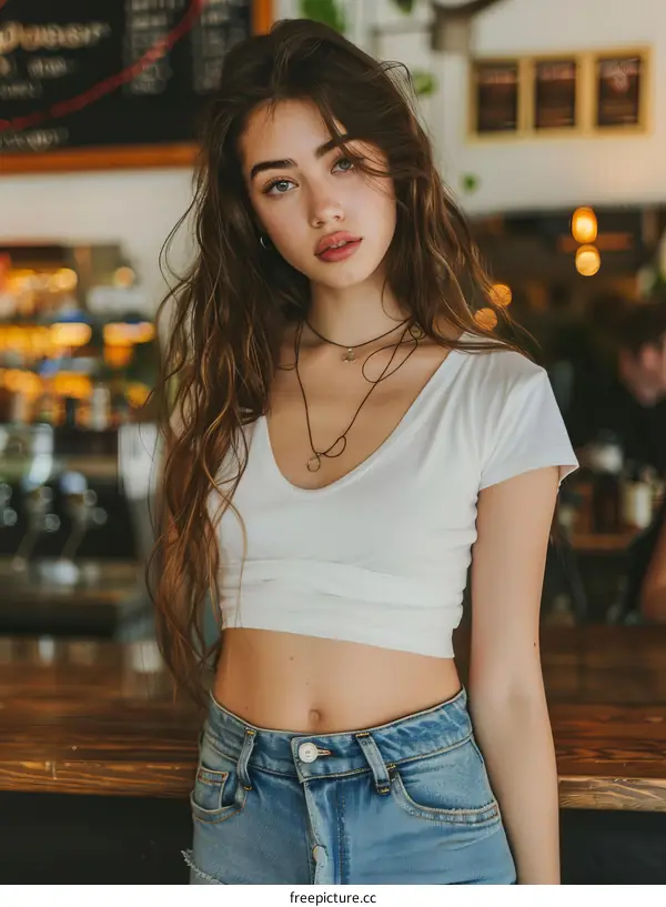 A beautiful young woman with long brown hair and blue eyes is standing in a bar.