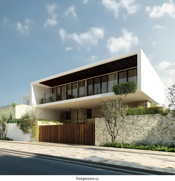 Modern Minimalist House with Stone Wall and Wooden Fence