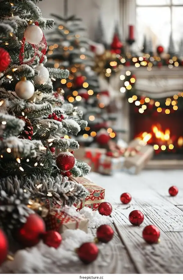Christmas tree with red and white ornaments and a fireplace in the background