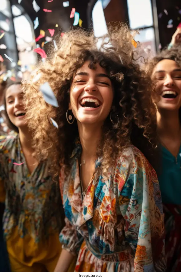 Three young women with curly hair are laughing and dancing in a room with confetti falling.