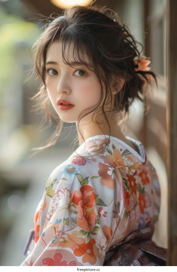 Young Asian Woman in Traditional Kimono Looking Over Shoulder