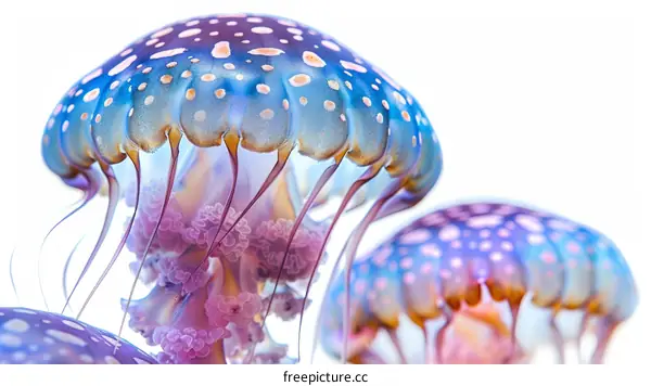 A group of jellyfish with blue and purple spots