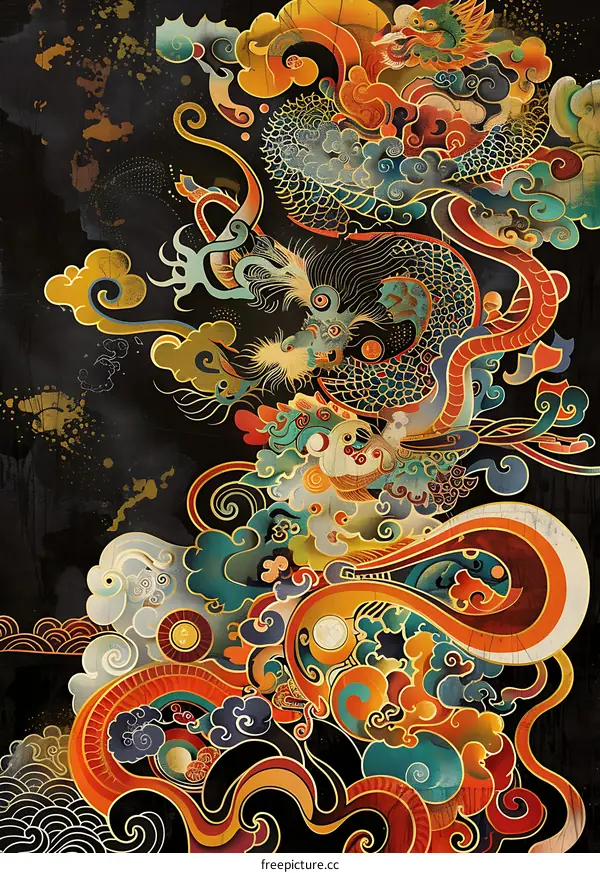 Chinese Dragon and Cloud Pattern Illustration
