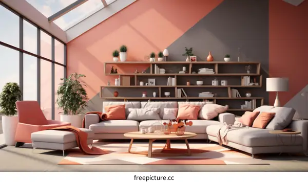 A Modern Living Room with Sofa, Coffee Table, Rug and Bookshelf in 2023