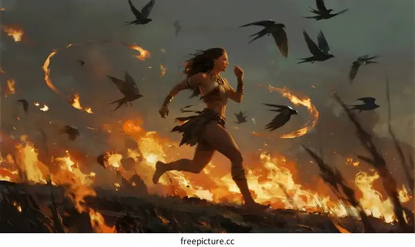 A woman running through a burning field with birds flying around her