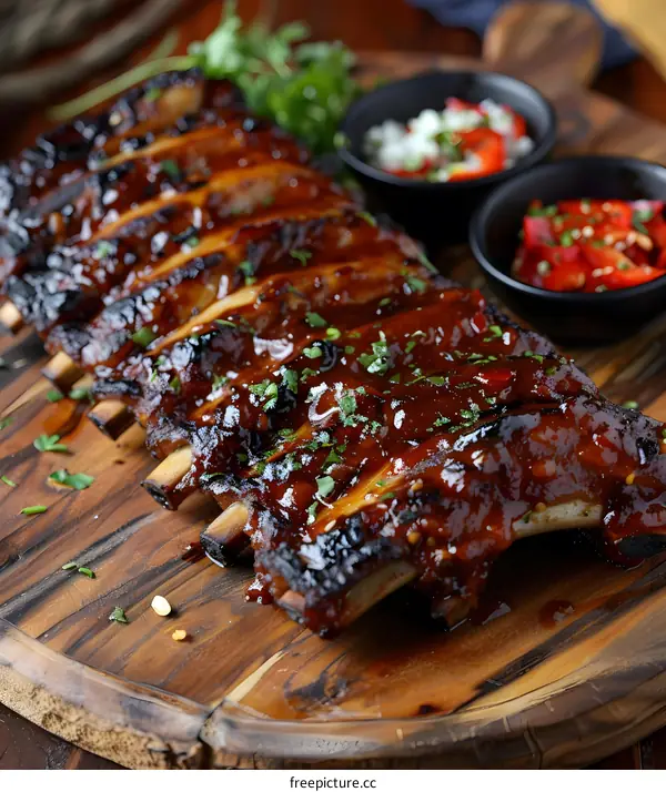 Delicious Barbecue Ribs on a Wooden Cutting Board