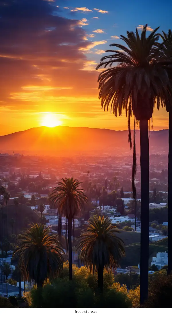 Palm trees at sunset in a city