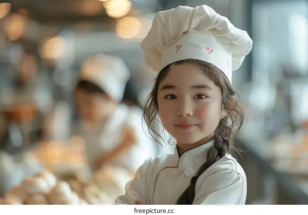 Little girl in a chef's hat smiling