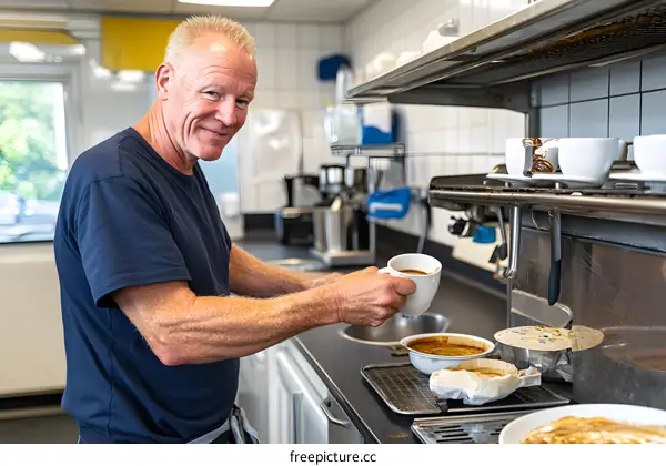 Man Making Coffee In Commercial Kitchen