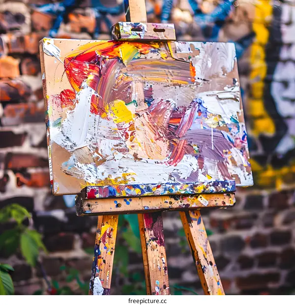 Colorful Abstract Painting on Easel Against Brick Wall
