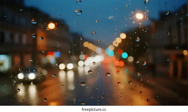Raindrops on window with blurred city lights at night
