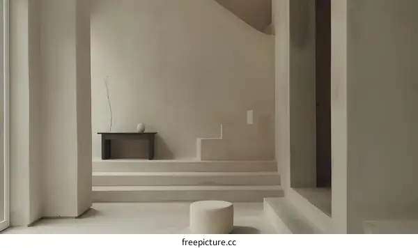 Minimalist Interior Design with Steps, White Walls and a Wooden Table
