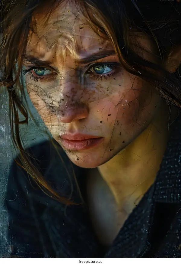 Portrait of a young woman with freckles and green eyes