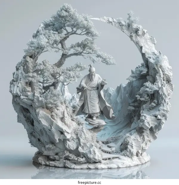 A Chinese Figurine in a Mountainous Landscape