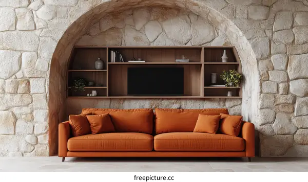 Rustic Living Room with Orange Sofa and Stone Arch