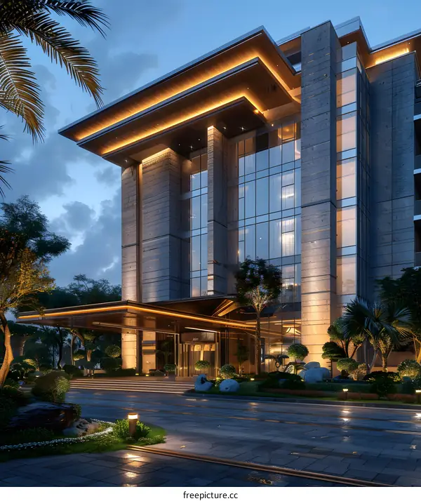 Modern hotel near palm trees