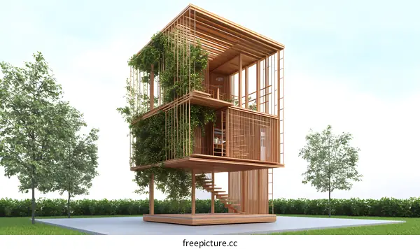 Modern Wooden House with Green Vines