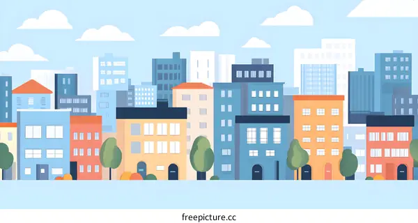 Flat Design Cityscape with Colorful Buildings and Trees