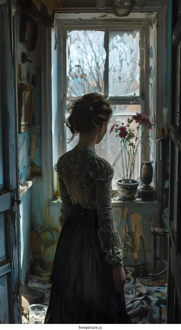 A woman standing in a ruined room, looking out the window