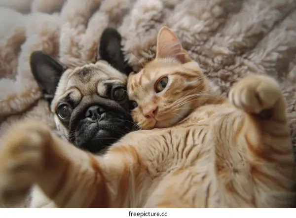 A Pug and an Orange Cat Nap Together on a Blanket