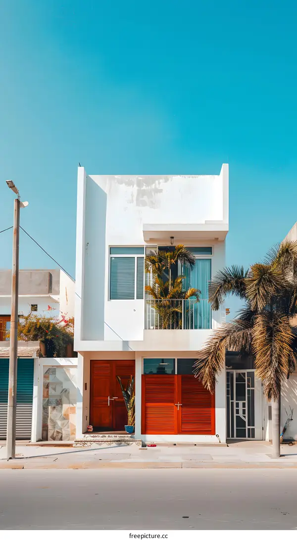 Modern White House with Red Wooden Doors and Palm Tree