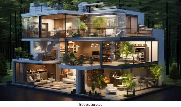 Modern glass house with open floor plan and forest view