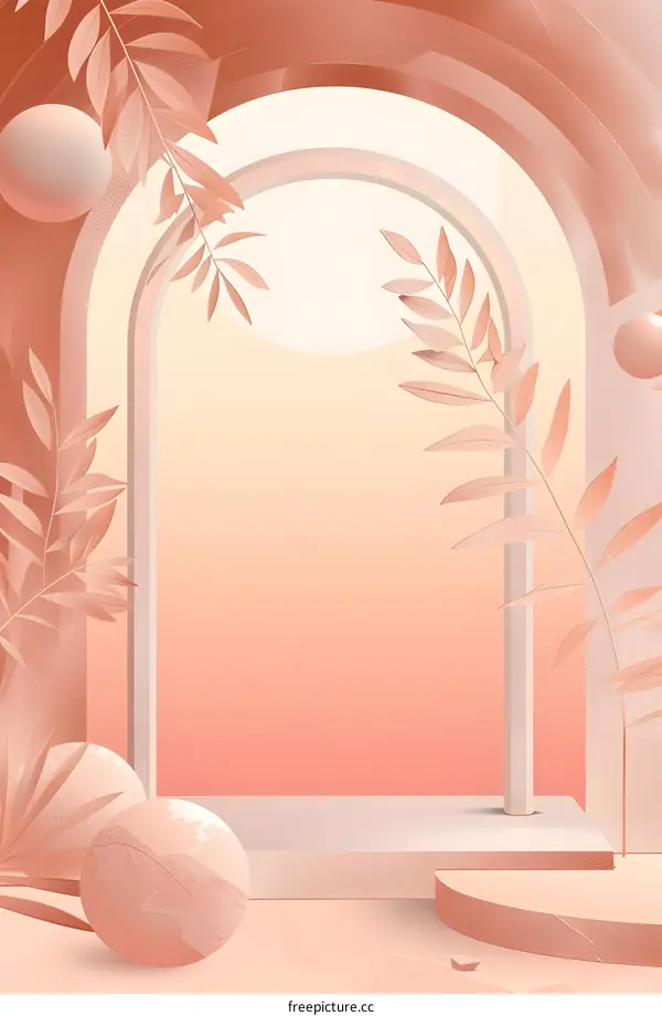 Abstract Pastel Pink Minimalist Archway With Leaves
