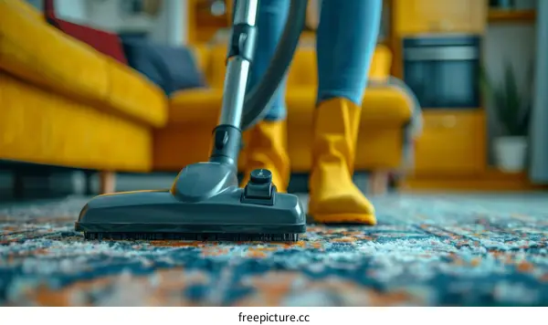A Person in Yellow Boots Vacuuming a Rug in the Living Room