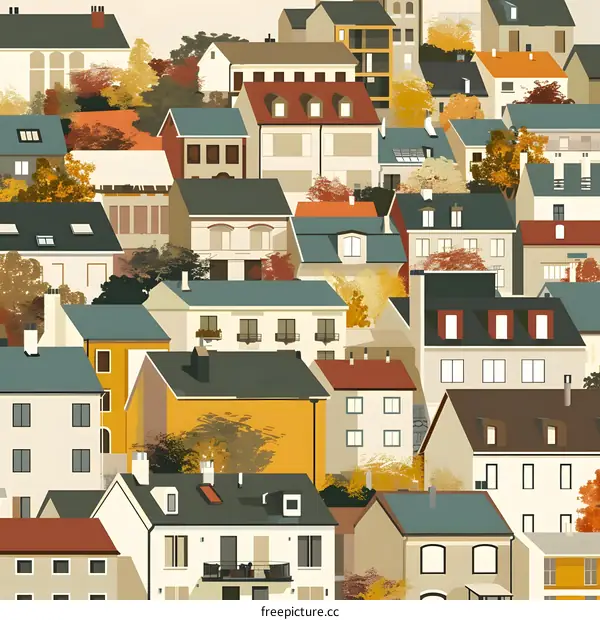 Autumn Cityscape Illustration with Colorful Houses