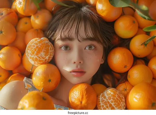 Asian Woman in a Pile of Oranges