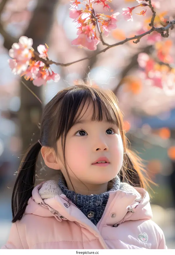 Little girl looking at cherry blossoms in spring