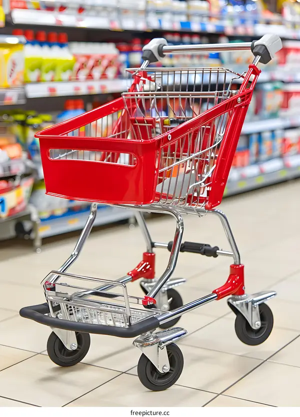 Red Shopping Cart In Grocery Store