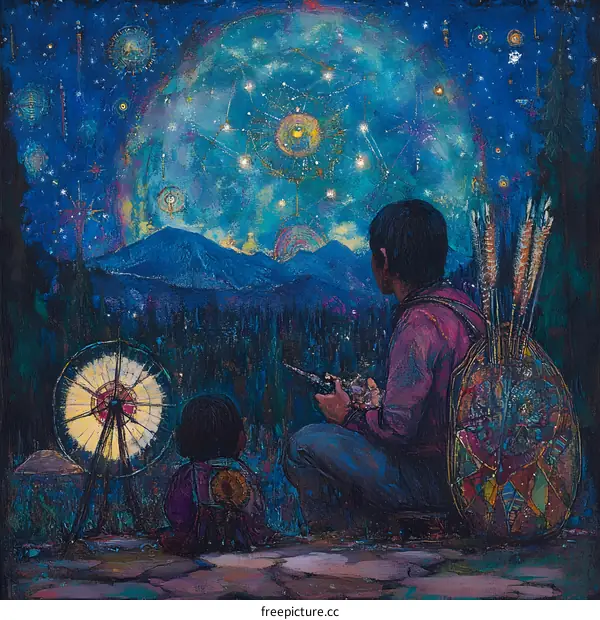 Two Native American Children Looking at the Stars