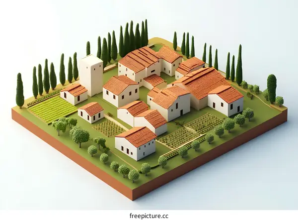 3D Model of a Small Village with Houses and Trees