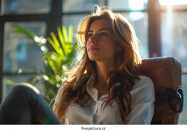 portrait of a beautiful young woman sitting in a chair and looking away