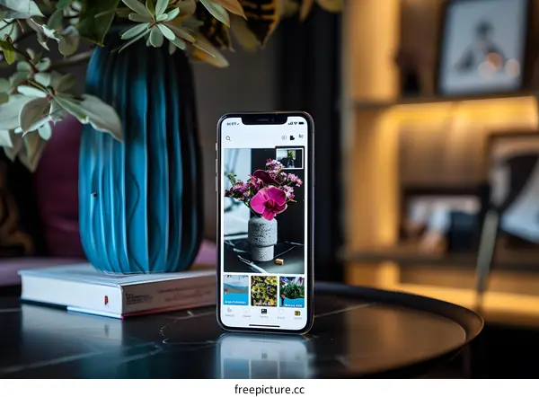 Close up of a phone screen displaying an image of pink flowers in a vase
