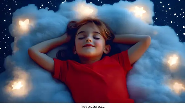 Little Girl Sleeping on Cloud with Stars