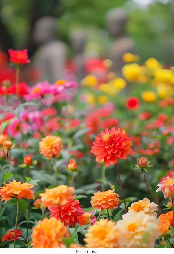 Colorful Dahlias Blooming in a Garden