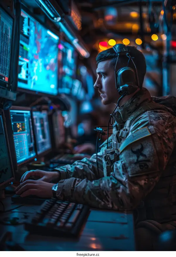 A soldier wearing headphones operates a computer in a dark room