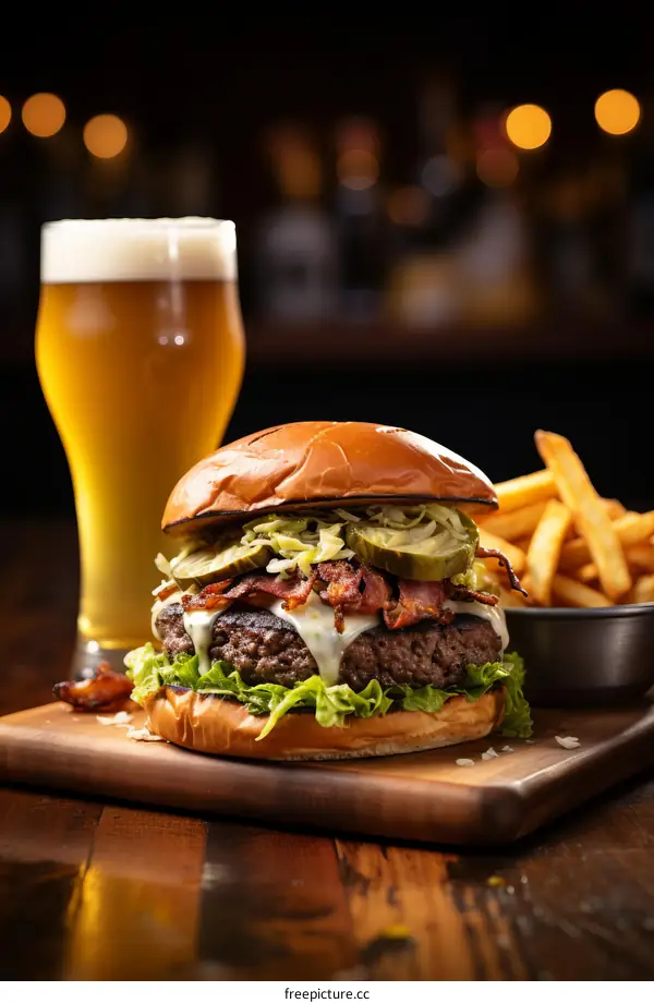 A delicious cheeseburger with bacon and fries on a wooden cutting board with a glass of beer in the background