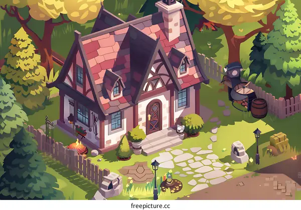 Cute Cartoon Illustration of a Small Cottage House in a Forest Setting