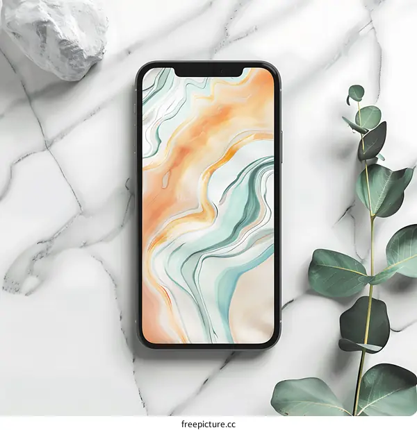 Abstract Phone Background with Marble Texture and Green Leaves