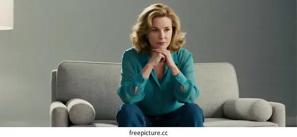 A woman sitting on a gray sofa with hands under chin