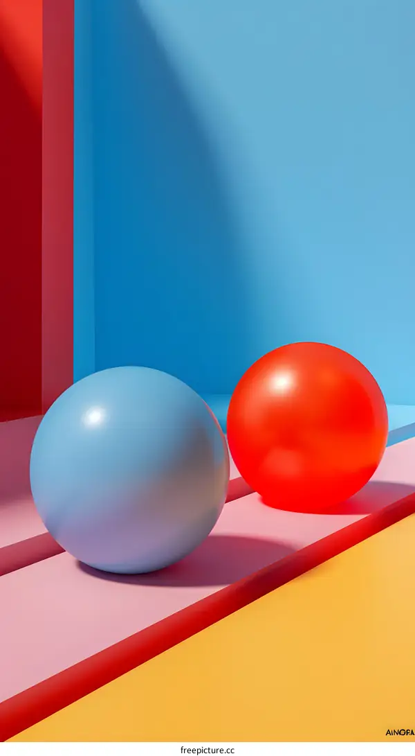 3D rendering of two spheres on a pink and yellow surface against a blue background