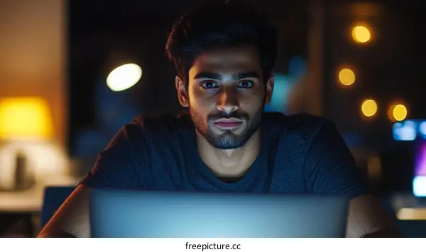 Focused Young Adult Working Late Night