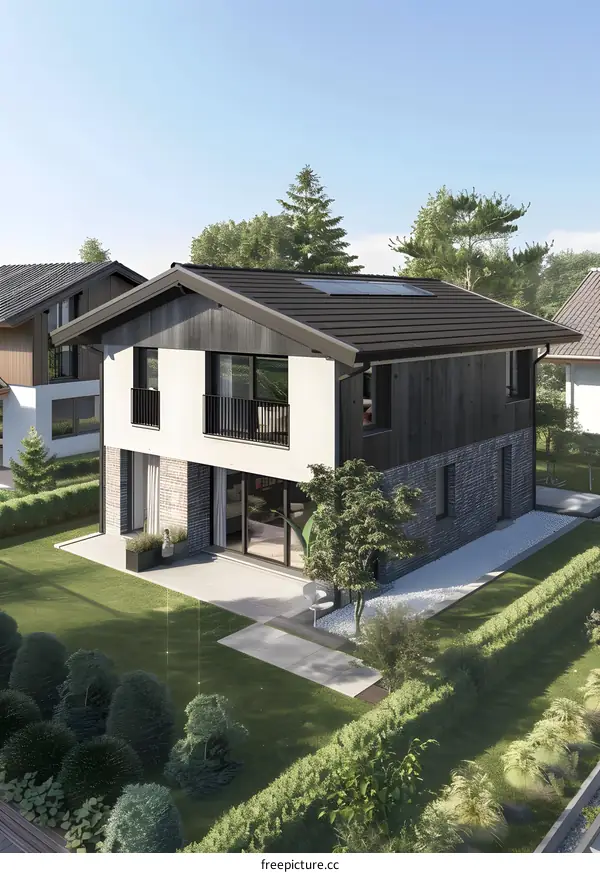 Modern House with Black Roof and White Walls