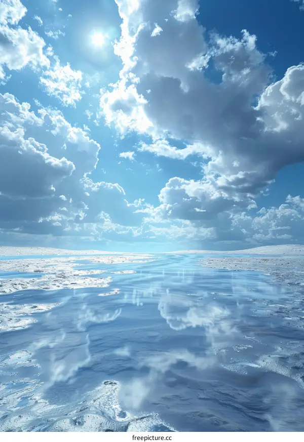 Serene Lake Reflecting Blue Sky and White Clouds